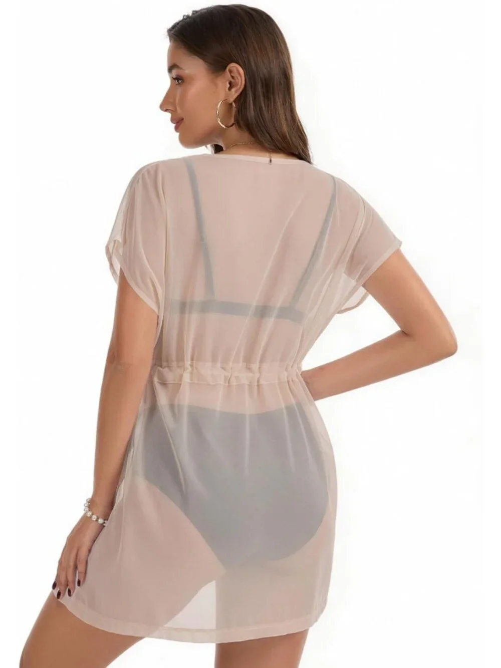 Womens Beige Polyester Coverup Beach Swimsuit Coverup Swimwear Dress V Neck